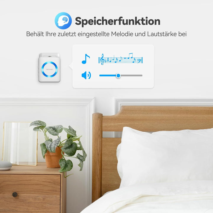 TECKNET Funk Türklingel, Wasserdicht Funkklingel Set, Kabellose Türklingel, 60 Melodien, 400m Reichw
