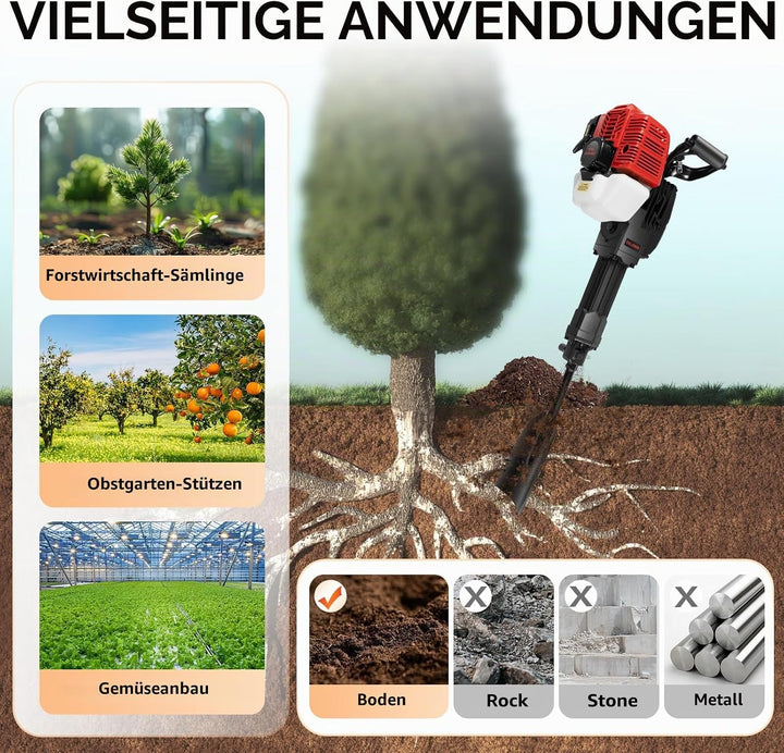 52CC Baumgrabungsmaschine 2-Takt Grabenfräse Motorspitzhacke mit Schaufel, Einstellbare Geschwindigk