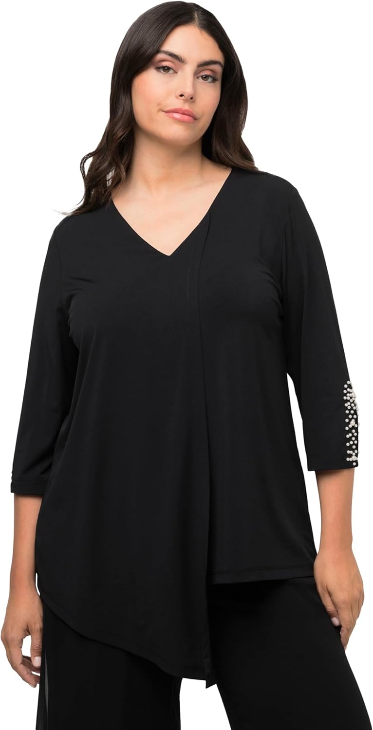 Ulla Popken Damen Asymmetrische Perlendetail Am Ärmel Bluse 50-52 Schwarz, 50-52 Schwarz