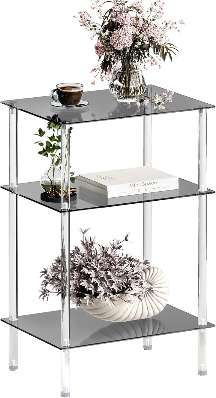 Moderner Beistelltisch Glas Eckig Transparenter Tisch mit 3 Ablagen Nachttisch Glastisch Side Table