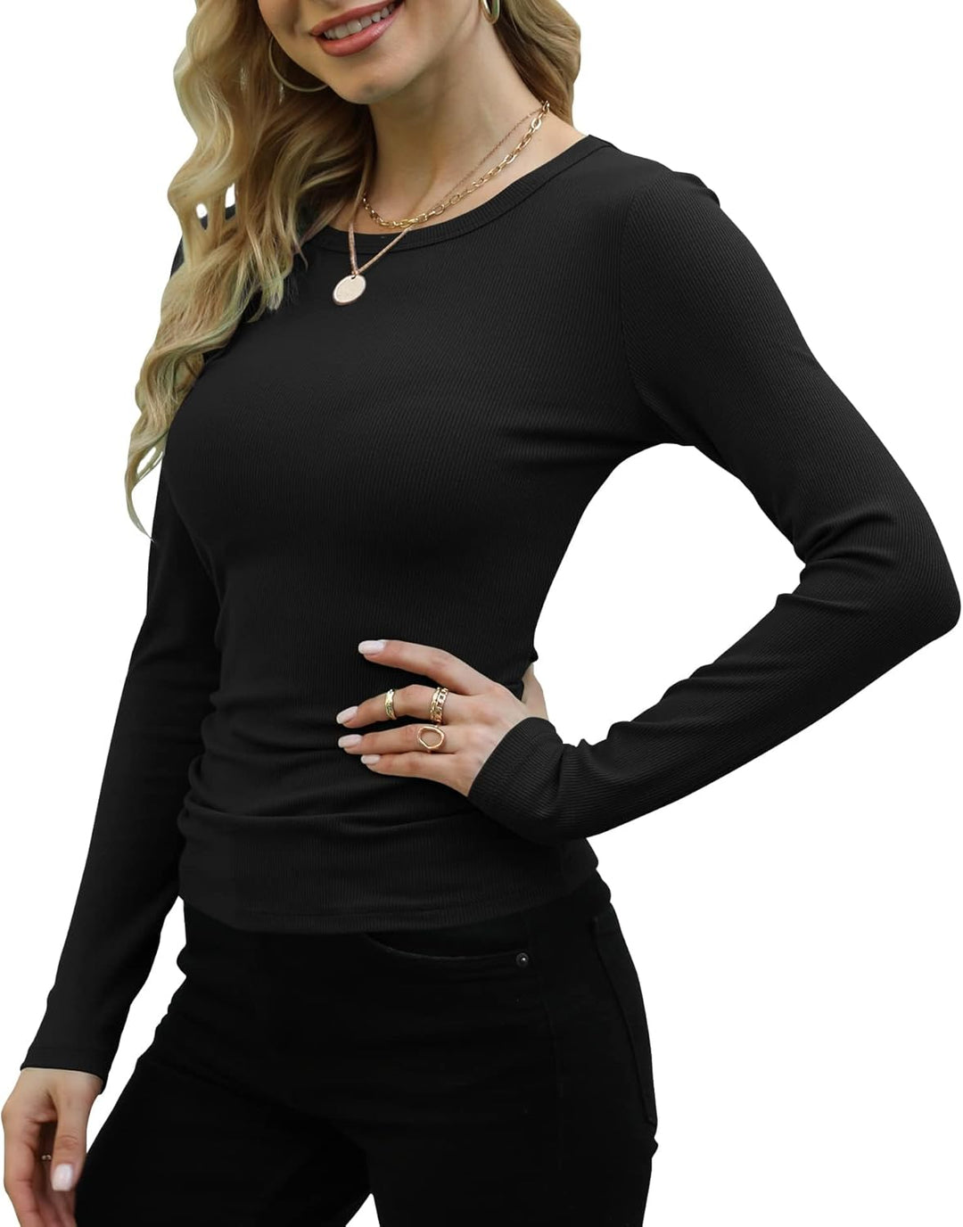 DUOEASE Langarmshirt Damen Rundhal Pullover Elegant Langarm Oberteile Rippshirt Tshirts Basic Tops S
