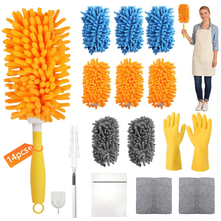 14 Stück Staubwedel Teleskop Waschbar für Swiffer Duster Staubmagnet Nachfüllpack, 360° Wiederverwen