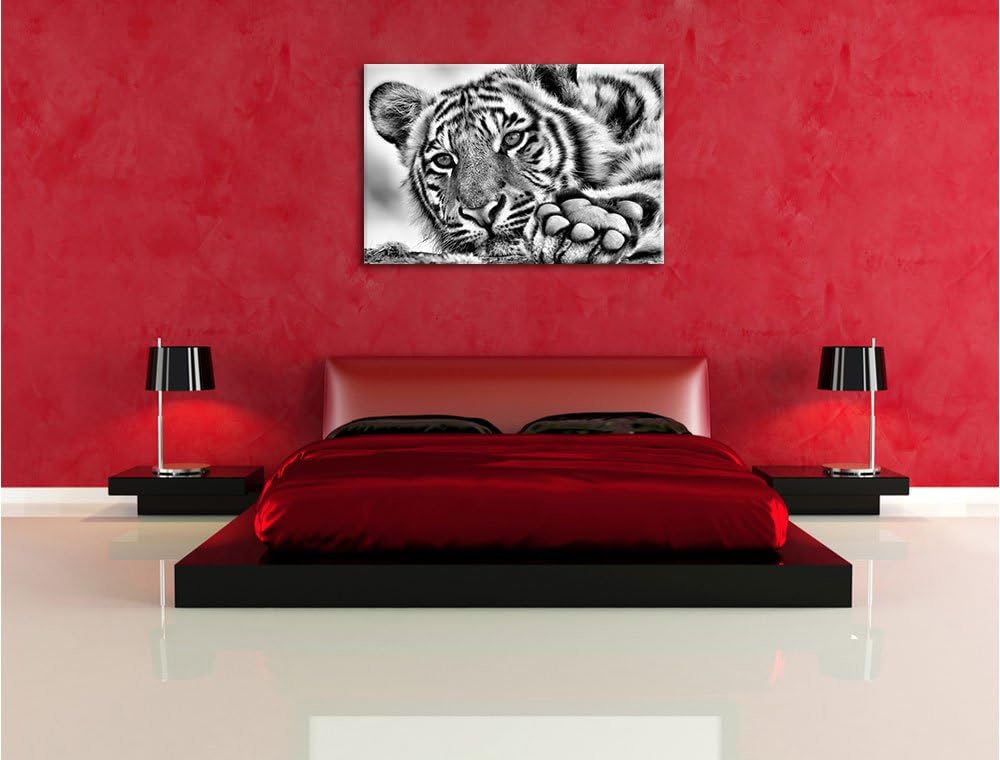 Monocrome, Tiger, Format: 100x70 auf Leinwand, XXL riesige Bilder fertig gerahmt mit Keilrahmen, Kun