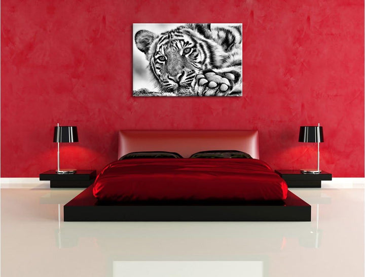 Monocrome, Tiger, Format: 100x70 auf Leinwand, XXL riesige Bilder fertig gerahmt mit Keilrahmen, Kun