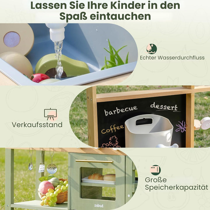 ROBUD Hölzerne Matschküche für Kinder, 17 PCS Pretend Play Kitchen Set mit Wasserspüle, Tafel & Küch