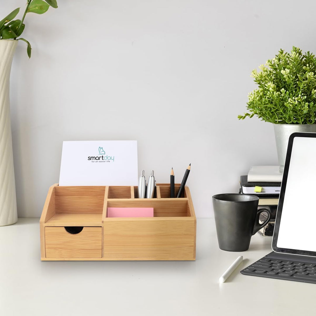 Schreibtisch-Organizer aus Holz mit Schublade - Stiftebox, Schreibtischablage Büro Organizer I Ablag