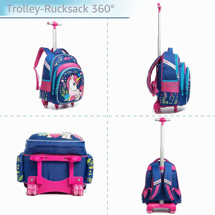 HTgroce Einhorn Schulranzen Rucksack Trolley mit 2 Rollen für Kinder Mädchen,Schulranzen mit Rollen