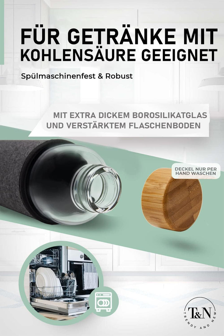 T&N Glasflasche 1 Liter / 750ml / 500ml – Trinkflasche Glas 1l mit Neoprenhülle – Wasserflasche Ausl