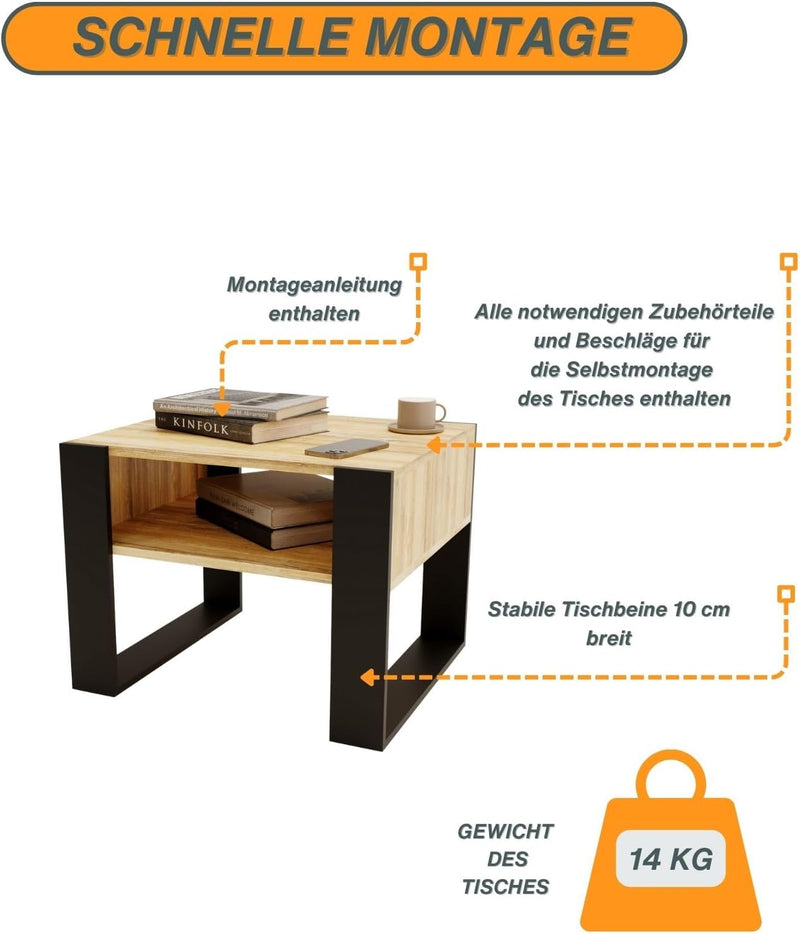CraftPAK Wohnzimmer Tisch für Couch aus hochwertigem Holz, Stabiler & moderner Couchtisch mit zusätz