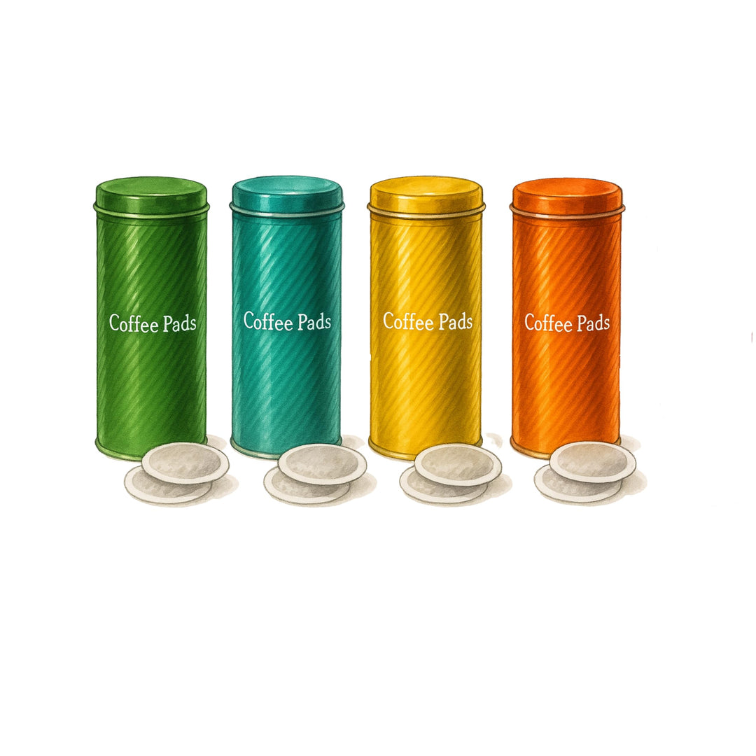 4x Kaffeepaddose und 4x Padheber - Metalldose für Kaffeepads - Aufbewahrungsbehälter mit Deckel für