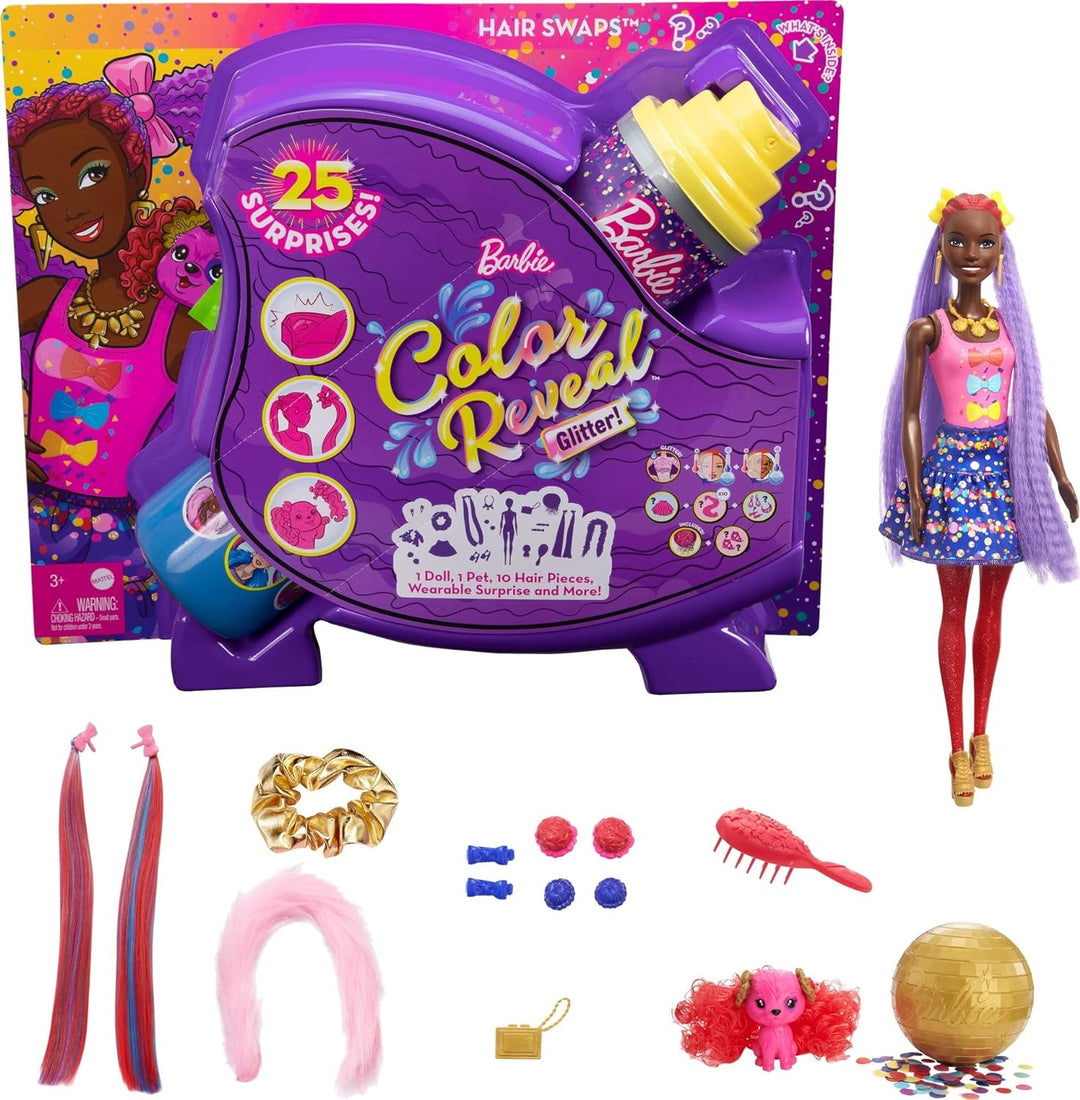 Barbie HBG40 - Color Reveal Bows Haarwechsel Puppe, Glitzerblau Spielset mit 25 Überraschungen rund