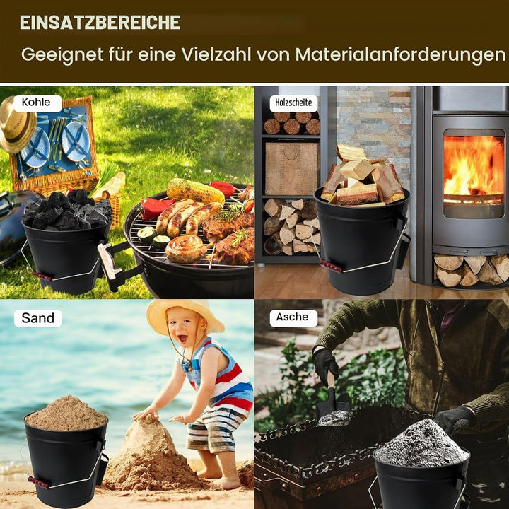 BRIAN &amp; DANY Ascheeimer mit Deckel, Runder Kohleeimer für Kamine, 20L Eimer mit Schaufel und Handbes