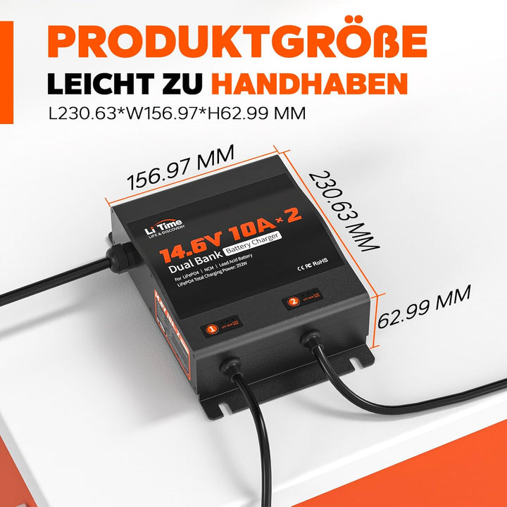 LiTime 2-Bank 14.6V 10A Batterieladegerät IP67 Wasserdicht 12V10A 2-Bank Wasserdicht, 12V10A 2-Bank