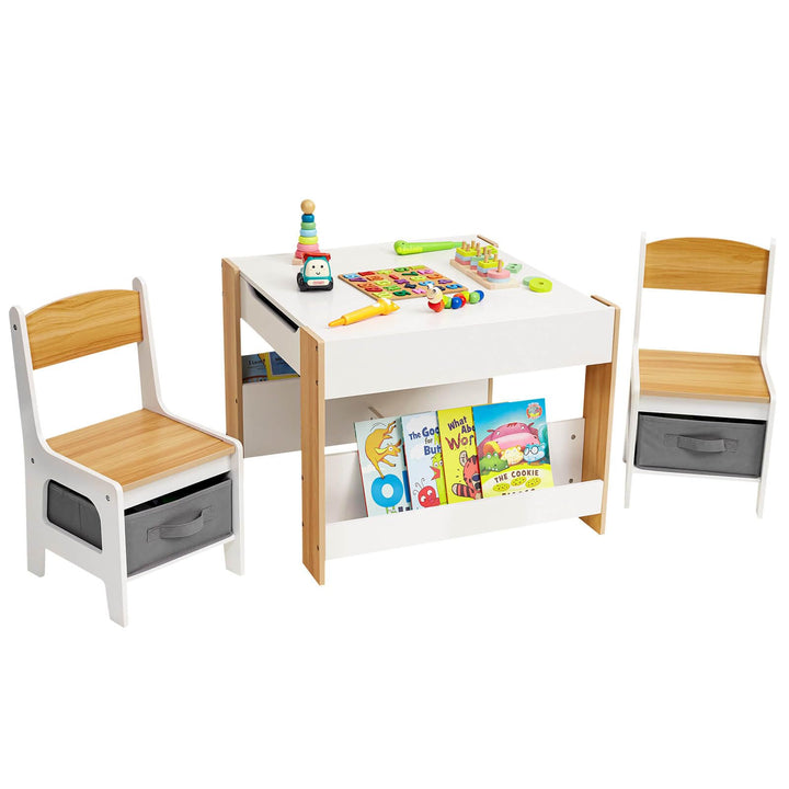 Yorbay Kindertisch mit 2 Stühle, Kindermöbel Set aus Holz mit Stauraum und Bücherregalen, 3 in 1 Mal