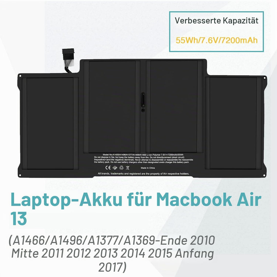 A1405 Akku kompatibel mit MacBook Air 33 cm (13 Zoll) 7,2 V 72000 mAh, A1466 A1377 A1496 Anfang 2014