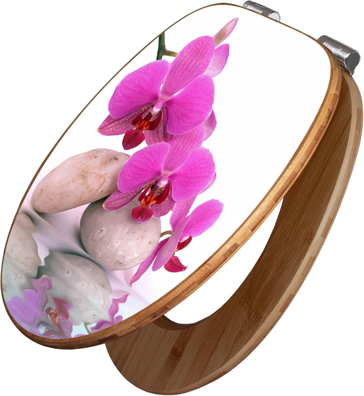 banjado® Design WC Sitz Bambus Absenkautomatik mit Motiv Orchidee/Toilettendeckel mit Absenkautomati
