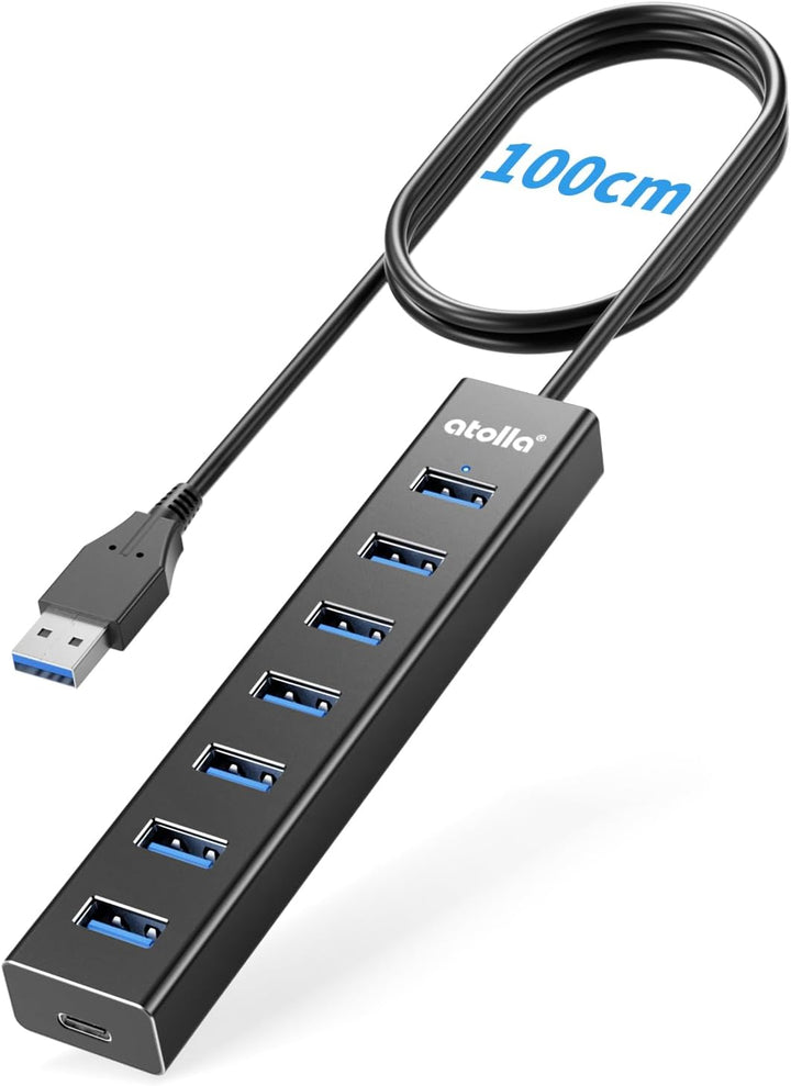 USB Hub 3.0, Aluminium 8-Port USB Verteiler 5Gbps Adapter mit 100cm Lang Kabel, Mehrfach USB3.0-Date