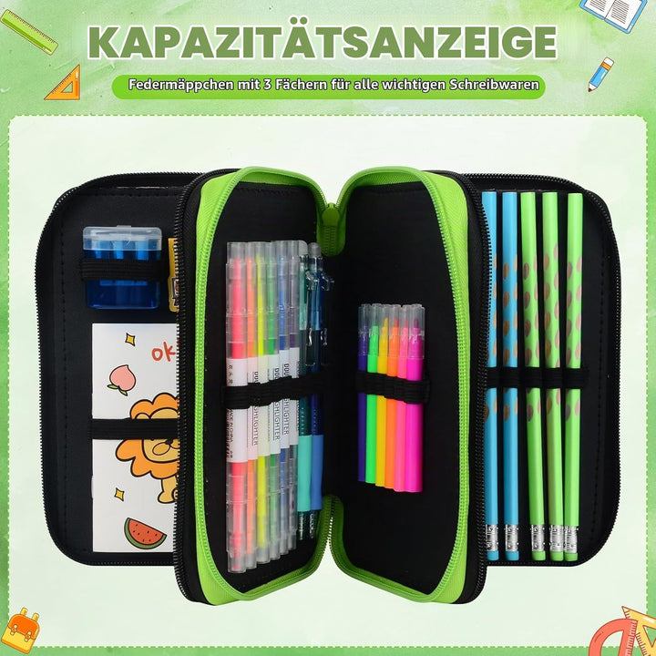 41 Artikel Federmappe Jungen, Federmäppchen 3 Fach Jungen Mäppchen Gefüllt Spiel Set, Federtasche 3