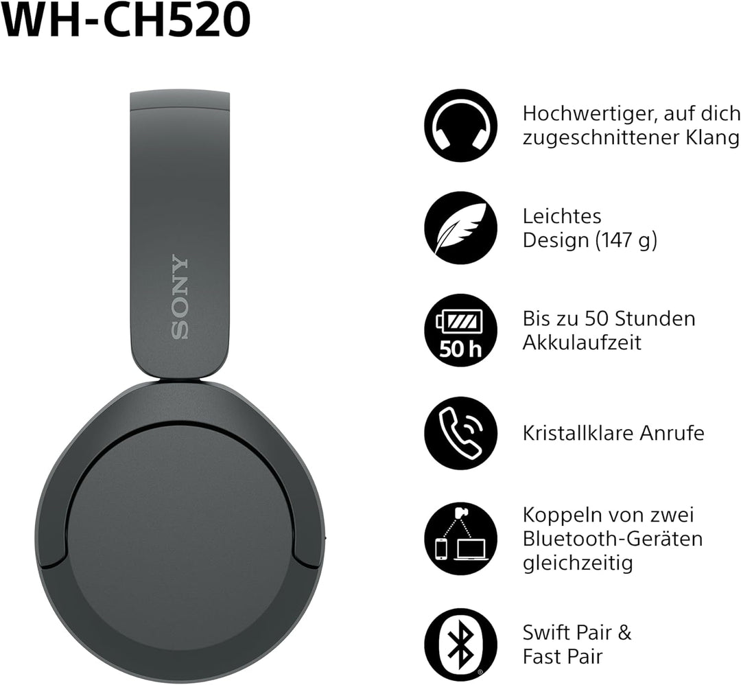 Sony WH-CH520 Kabellose Bluetooth-Kopfhörer - bis zu 50 Stunden Akkulaufzeit mit Schnellladefunktion