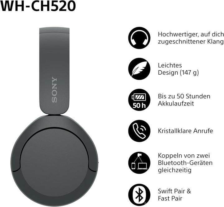 Sony WH-CH520 Kabellose Bluetooth-Kopfhörer - bis zu 50 Stunden Akkulaufzeit mit Schnellladefunktion