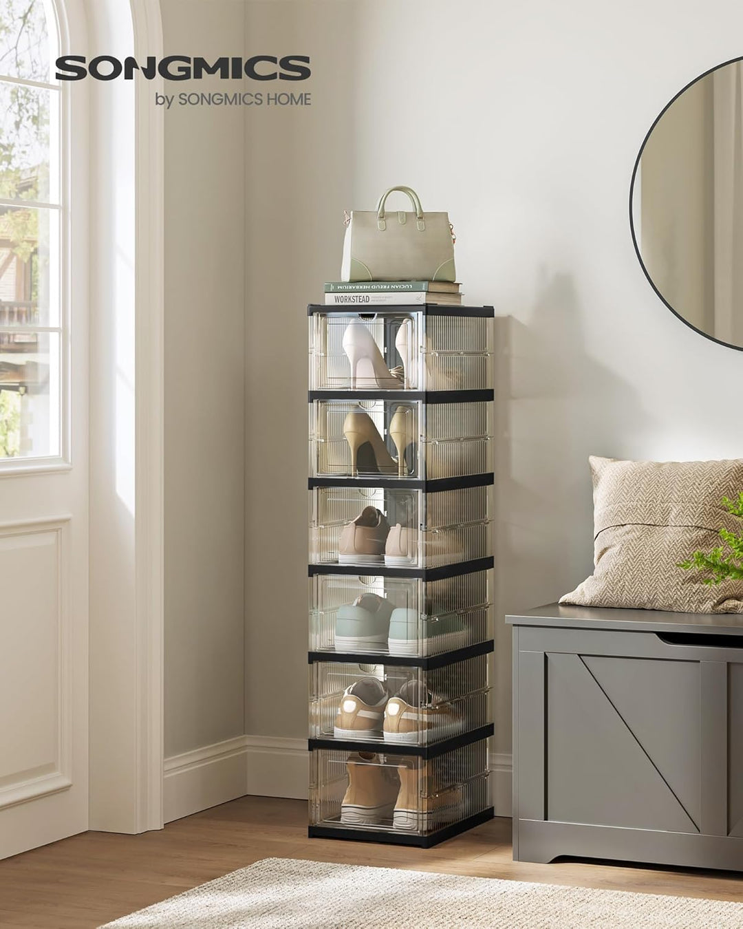 SONGMICS Schuhschrank, mit 6 Schuhboxen, integrierter Schuh-Organizer, faltbar, tragbar, für Schuhe