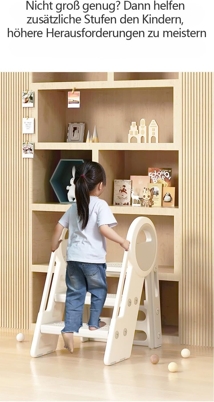 Klappbarer Kindertritt, 2-3 Stufen, 65 cm Höhe, 34x35 cm Trittfläche, bis 75 kg, Weiss/Grau, Kinderl