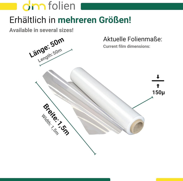 dm-Folien Abdeckfolie I 1,5 x 50 m I 150 My Stärke I Verschiedene Masse & Stärken I Transparente & r