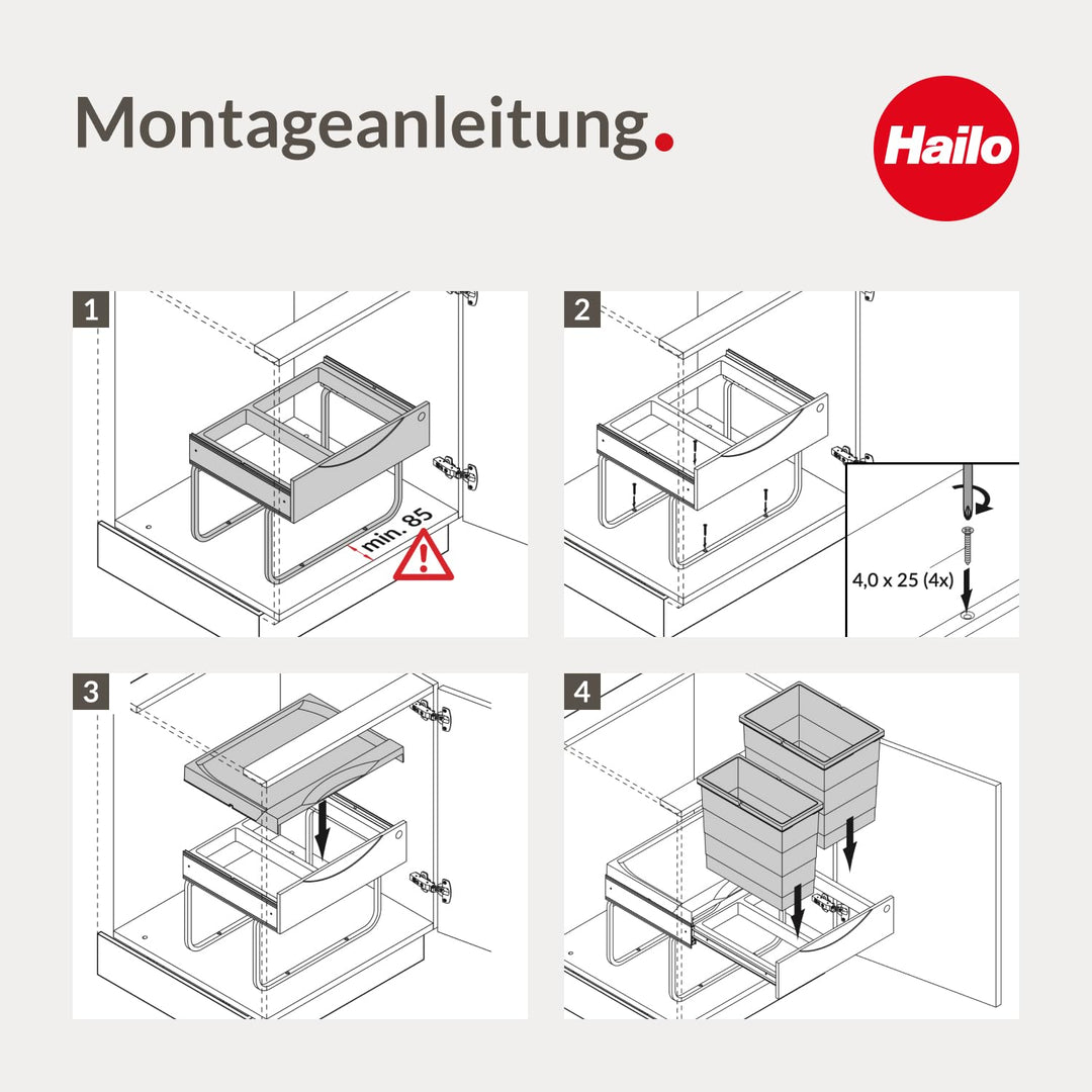 Hailo Abfallsammler 3644931 | 3fach Raumspar Tandem Mülltrennung | 2x 8 + 12L Inneneimer im Abfallau