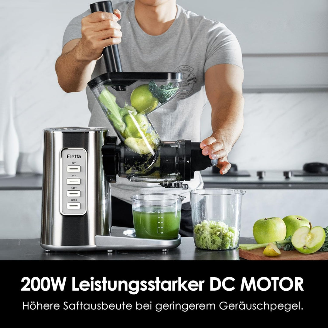 Fretta Entsafter Slow Juicer, Edelstahl Entsafter Gemüse und Obst Testsieger, 200W Cold Press Juicer