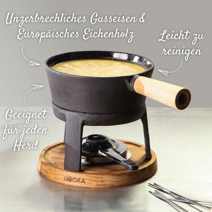 Boska Fondue-Set Pro, für 1 Liter Fonduekäse, 310x212x170 mm Schwarzes Gusseisen mit Holzsockel, Sch