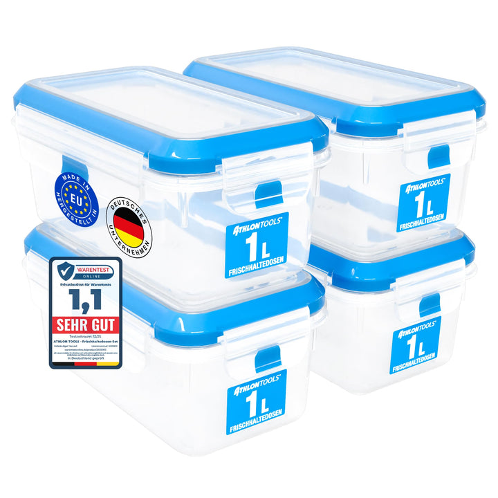 ATHLON TOOLS 4x 1L Frischhaltedosen-Set in Gastro-Qualität - 100% luftdicht und auslaufsicher -40 bi
