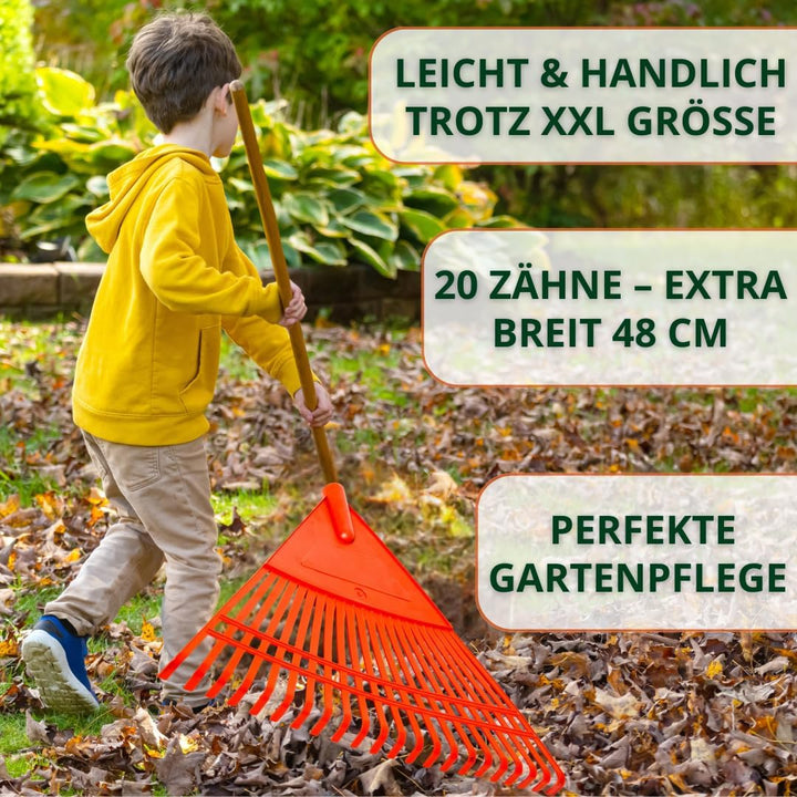 XXL Rechen 48 cm – Kunststoff Laubrechen 20 Zinken Gartenrechen für Stiel Ø 27mm, extra gross, ideal