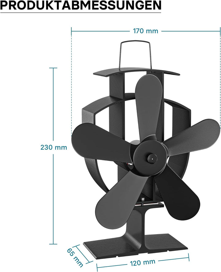 Wiltec Kaminofenventilator 5 Blatt Gebläse für Ofen 50-300°C Kaminventilator Ofenventilator stromlos