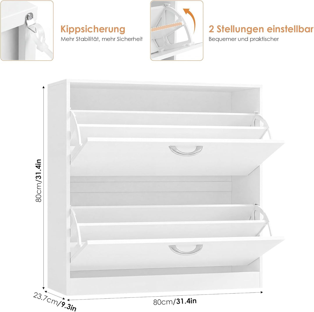 FirFurd Schuhregal mit 2 Fächern, Schuhschrank Weiss, Schuhkipper schmal, Schuhablage verstellbar, A