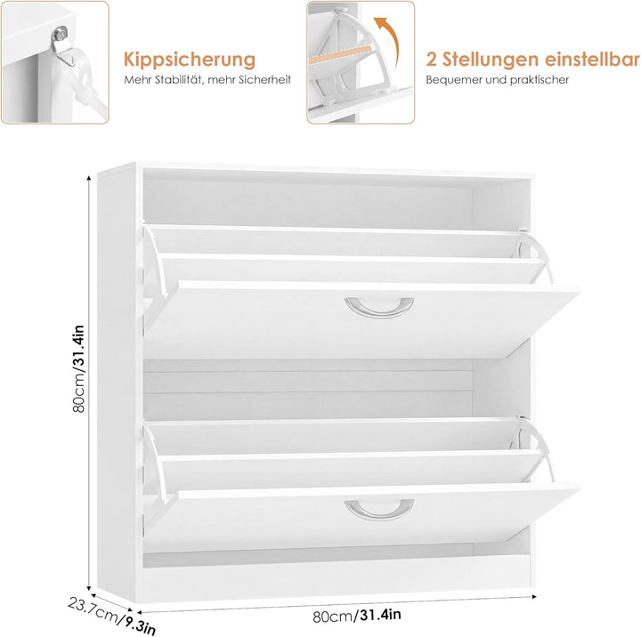 FirFurd Schuhregal mit 2 Fächern, Schuhschrank Weiss, Schuhkipper schmal, Schuhablage verstellbar, A