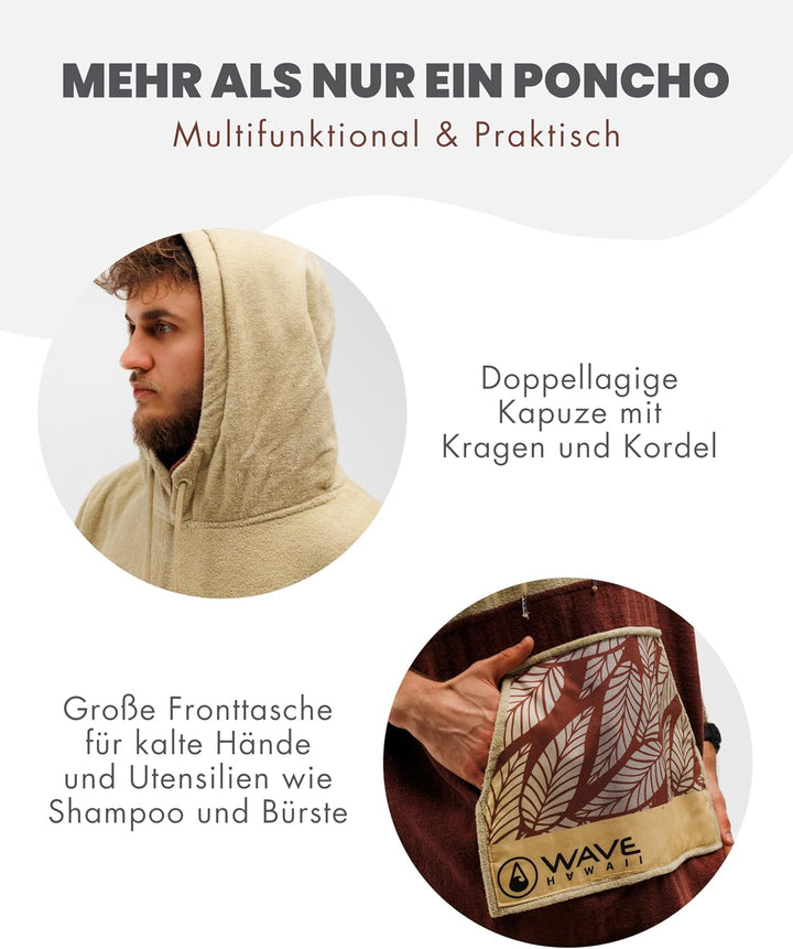 WAVE HAWAII Leevs Surfponcho für Körpergrössen von 170-200 cm Poncho 100% ÖKO Baumwolle Velours Umkl