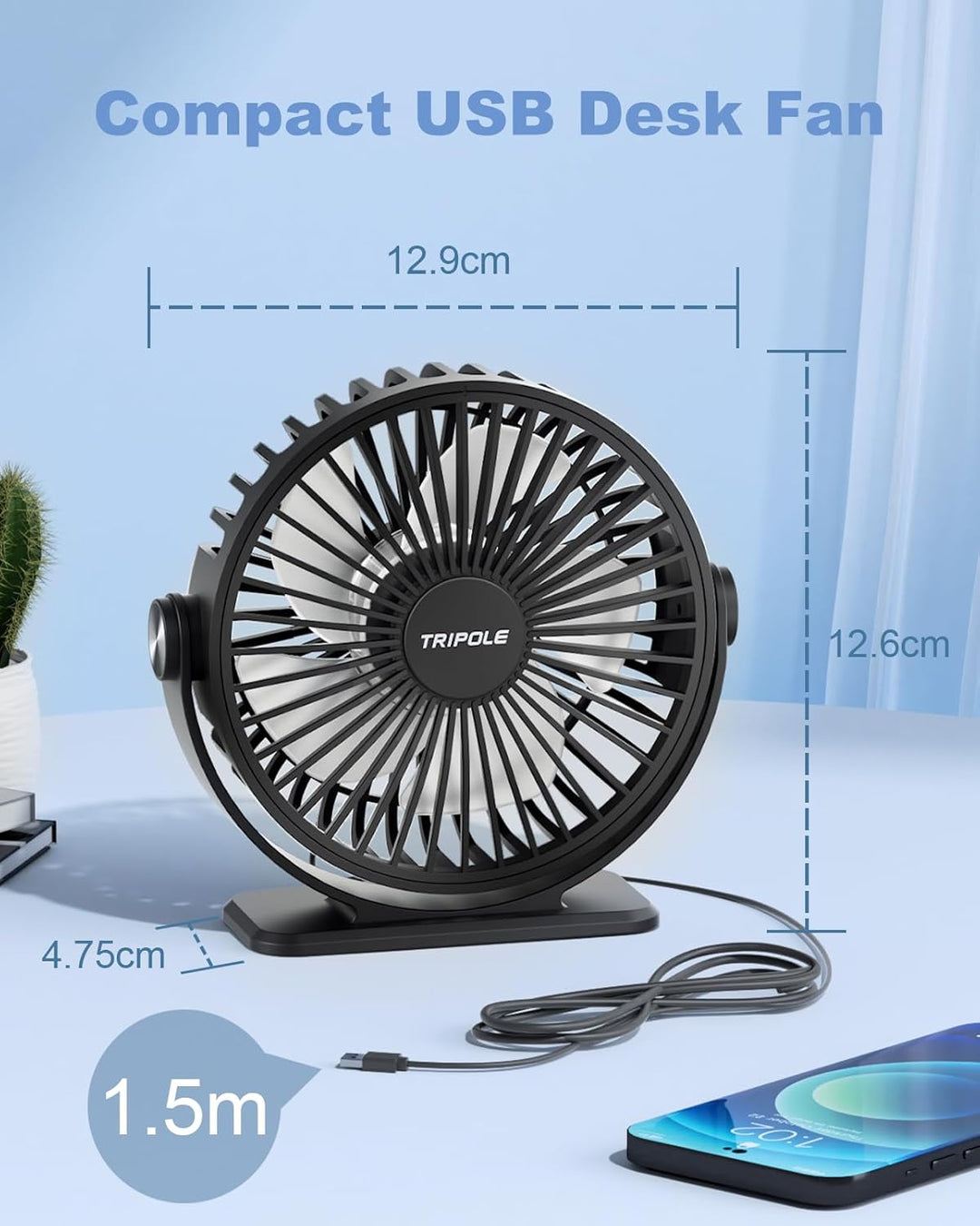 TriPole Ventilator Leiser, Mini Ventilator mit 3 Geschwindigkeiten, USB Tischventilator Leistungssta