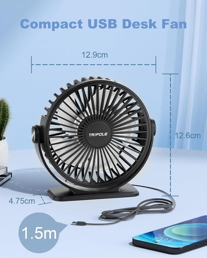 TriPole Ventilator Leiser, Mini Ventilator mit 3 Geschwindigkeiten, USB Tischventilator Leistungssta
