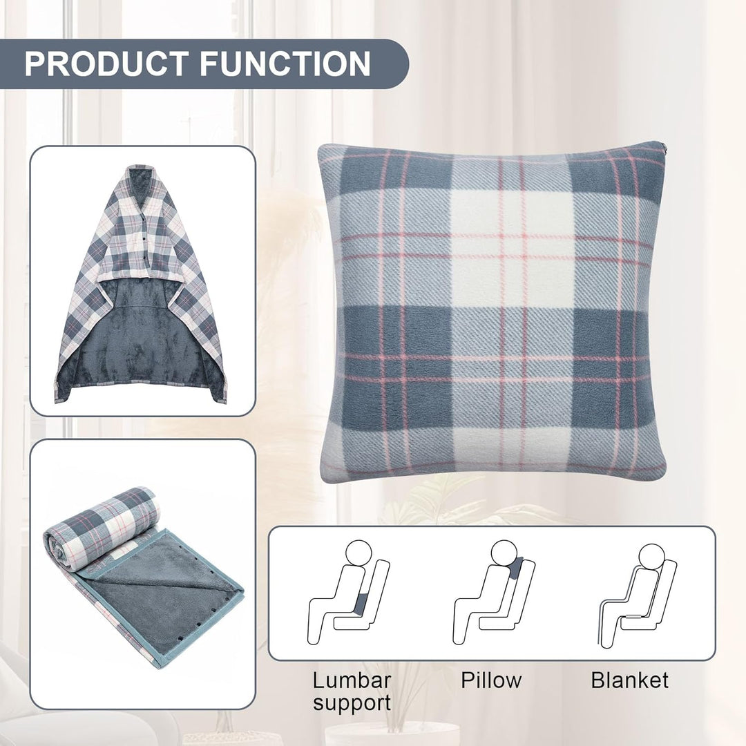 Tragbare Decke Kompaktes Kissen 2-in-1-Schossdecke Damen Poncho Fleece mit Knopf Karierte Tagesdecke