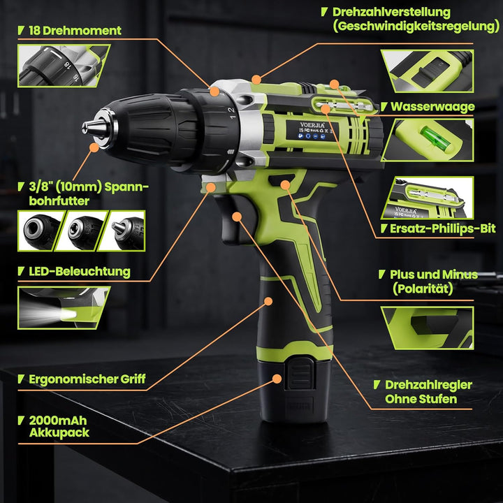 12V klein Akkuschrauber Set, Akku bohrschrauber mit 2 * 2000 mAh Akkus, 3/8" Bohrfutter, 18+1 Drehmo