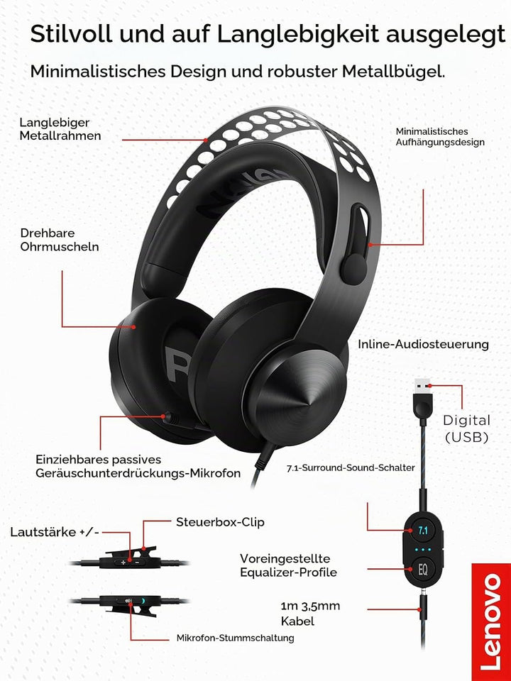 Lenovo Legion H500 Pro 7.1 Over-Ear Gaming Kopfhörer mit Mikrofon