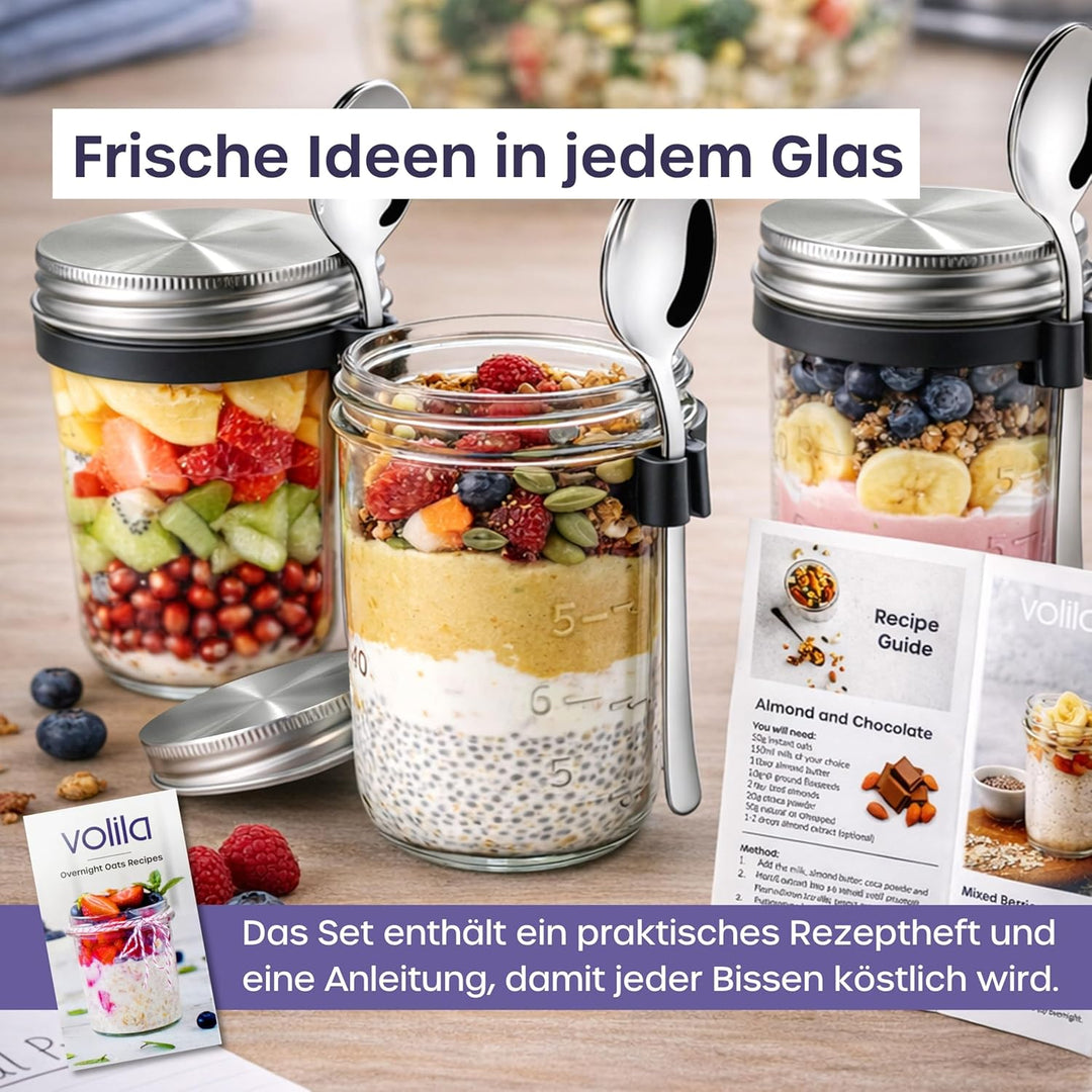 volila Overnight Oats Gläser - (2 Stk. à 350ml) Overnight Oats Behälter mit Deckel - Müslibecher to
