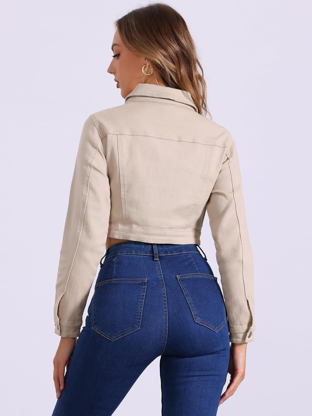 Allegra K Damen Jeansjacke Langarm Umlegekragen Knopfleiste Crop Denim Jacke M Helles Khaki, M Helle