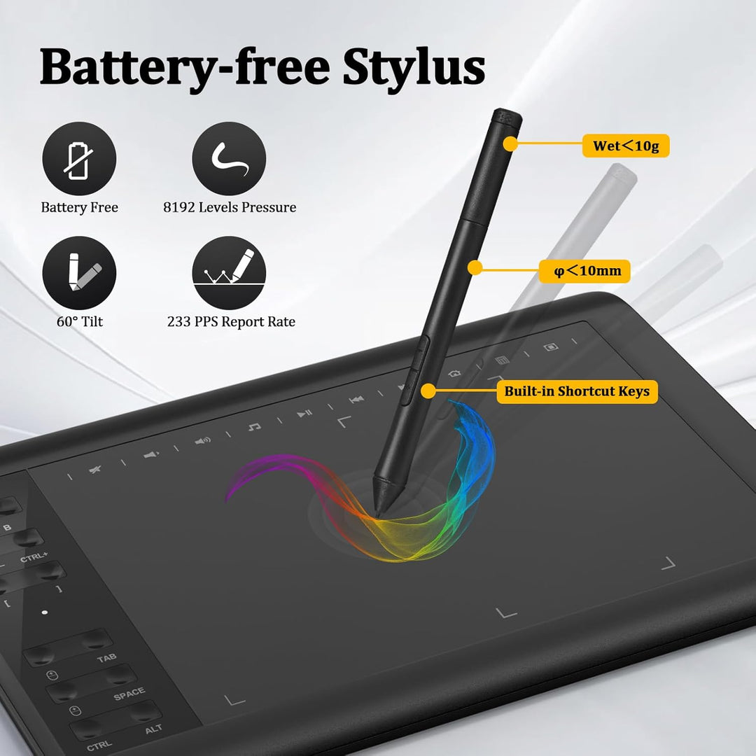 IMAGE Grafiktablett 10 x 6 Zoll grosse aktive Fläche mit 8192 Stufen batterielosem Stift und 12 Schn
