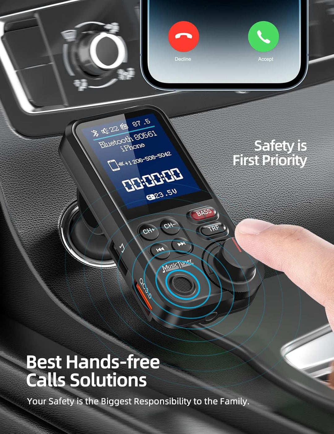 Nulaxy Bluetooth Adapter Auto, Starkes Mikrofon FM Transmitter Auto Bluetooth mit 1,8-Zoll-Farbbilds