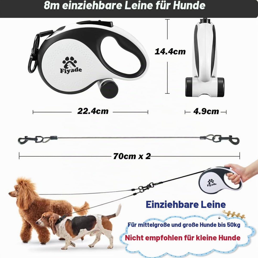 Einziehbare Hundeleine, 8 m, mit 2 kausicheren Seilen, Stahlkette, doppelte ausziehbare Leine für mi