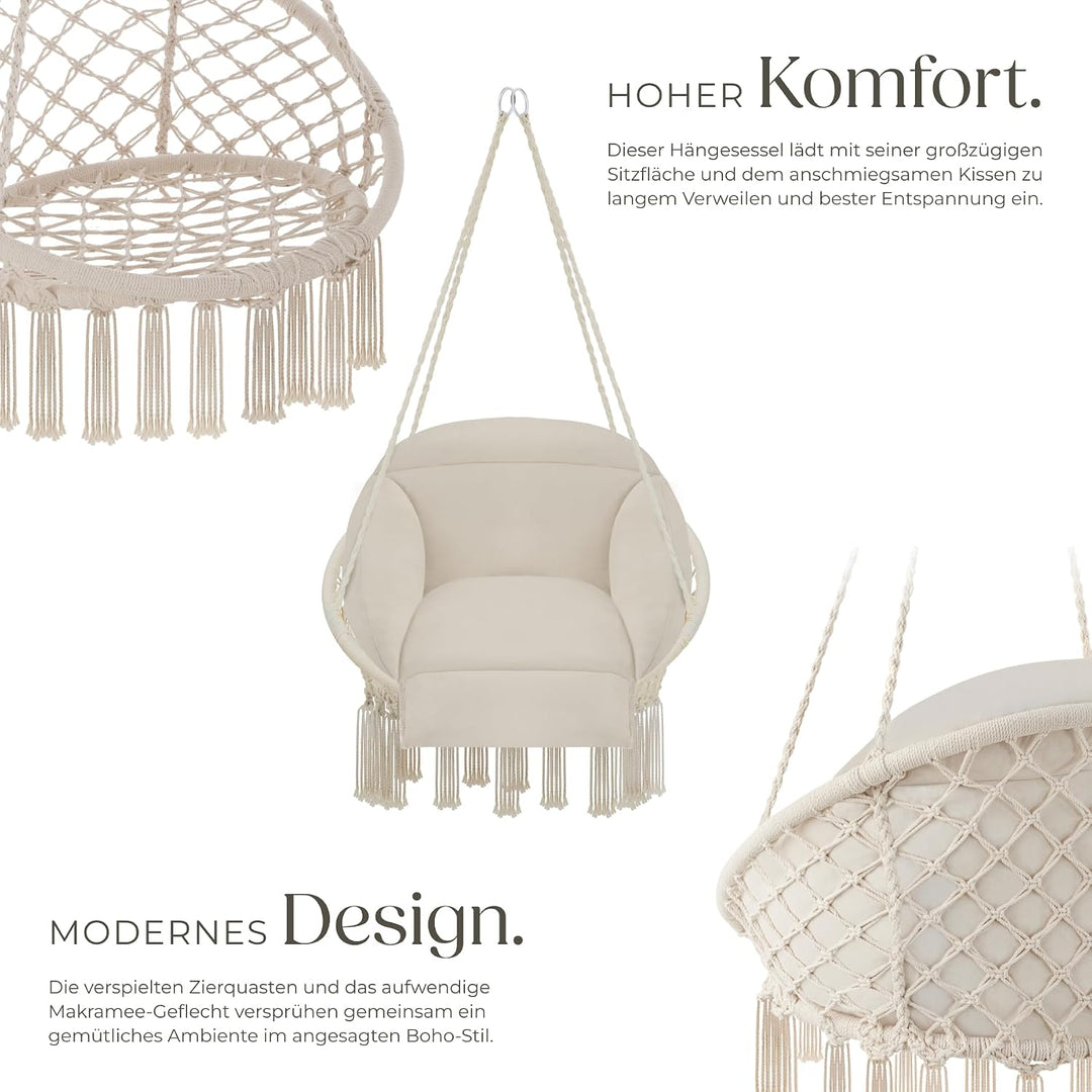 tectake® Hängesessel, Hängeschaukel mit dicken Kissen & Quasten, Boho Hängekorb Ø 80 cm, Hängesessel