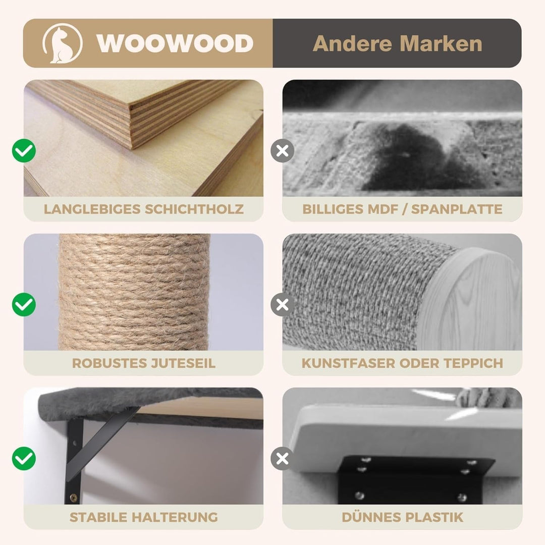 WOOWOOD® Kletterwand Katzen Set inkl. Katzentreppe Wand I Kratzbaum Wand I Hängematte Katze I Wandkr