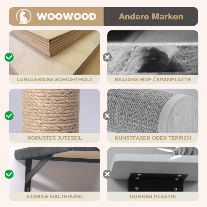 WOOWOOD® Kletterwand Katzen Set inkl. Katzentreppe Wand I Kratzbaum Wand I Hängematte Katze I Wandkr