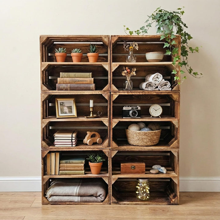 Teramico Vintage Holzkisten 40 x 30 x 25cm geflammt | Weinkisten &amp; Obstkisten | Set-Angebote (6er Se